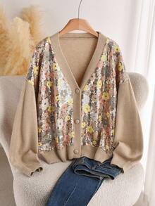 Elaquor Plus Size Women Floral Pattern Drop Shoulder Long Sleeve Casual Knit Cardigan, Autumn/Winter