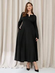 Auralis 大码女装秋季服装，超长连衣裙，大码女装连衣裙，长款保暖连衣裙，秋季女装，口袋连衣裙，大码伞裙，黑色连衣裙，休闲女装 - 黑色 - 查看 5