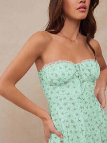 WESTFADE Spring Floral Printed Pointelle Knit & Boho Ruffle Lace Sweetheart Neck Cute Bow Tie Front Smocked Back Strapless A-Line Mini Dress Summer Western Cowgirl Music Concert Outfit - Green - View 2