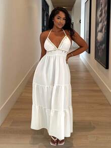 Alexandranx Vacation Casual Embroidered Lace Up Backless A-Line Dress - White - View 6