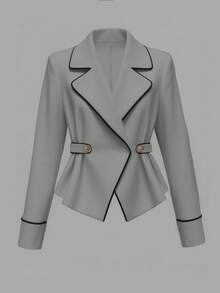 GlowEve 女士优雅撞色饰边腰带西装外套，简约杏色，高品质通勤风格，纯色百搭长袖夹克 - 灰色 - 查看 3