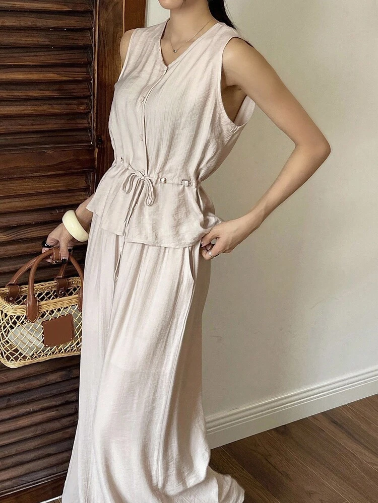 Women's Solid Color Single-Breasted Drawstring Waist Sleeveless Shirt And Wide-Leg Pants Casual 2 Pieces Set