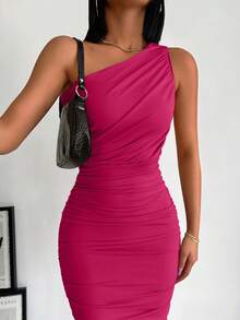 EURMUSE 1pc Women's Minimalist Solid Color Pleated Asymmetric Neck Midi Dress - Hot Pink - View 6