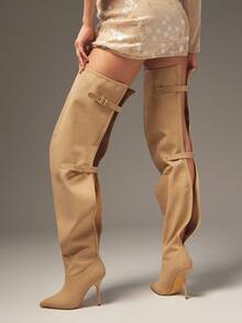 SHUZIA Glamouröse Damen Beige PU Overknee Slouch Spitzschuh High Heel Stiletto Sexy Winter Schnallen Riemen Stiefel Urlaub