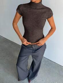 Aloruh 女士秋冬短袖高领修身薄款抓绒针织衫，棕色 - 咖啡棕 - 查看 7