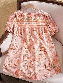 EMERY ROSE Blusa de manga corta con cuello en V para tallas grandes, de moda para vacaciones de verano estilo bohemio - Albaricoque - Ver 2