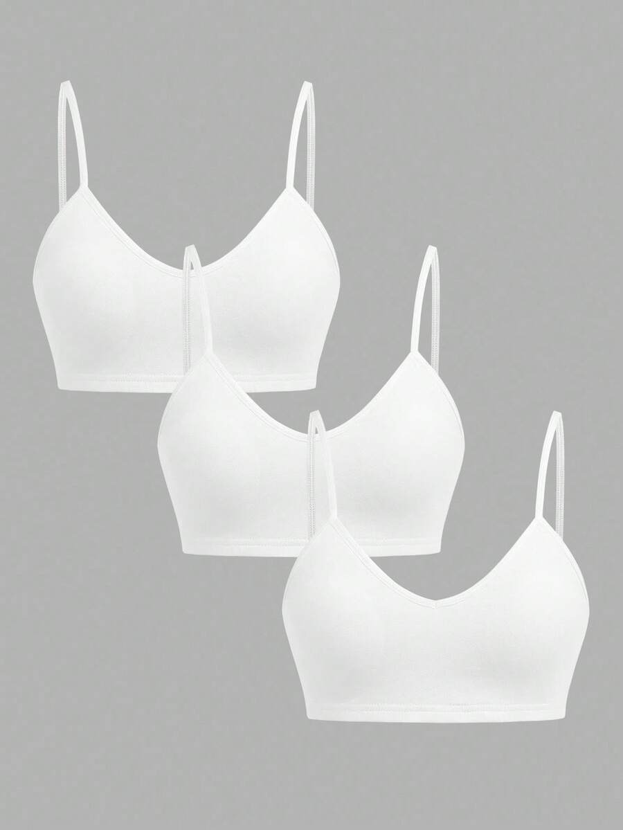 SHEIN Girlism 3件套少女简约V领吊带背心、带衬垫文胸和露背内裤套装，舒适纯色 - 白色 - 查看 1