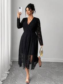 Elenzga Vestido midi elegante de encaje de unicolor talla grande, adecuado para ir al trabajo - Negro - Ver 3