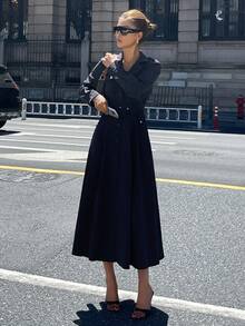 DAZY Women's Fashionable Casual Waist Belt Trench Coat Style Mid-Length Dress Button Up Shirt Dress - Navy Blue - View 7