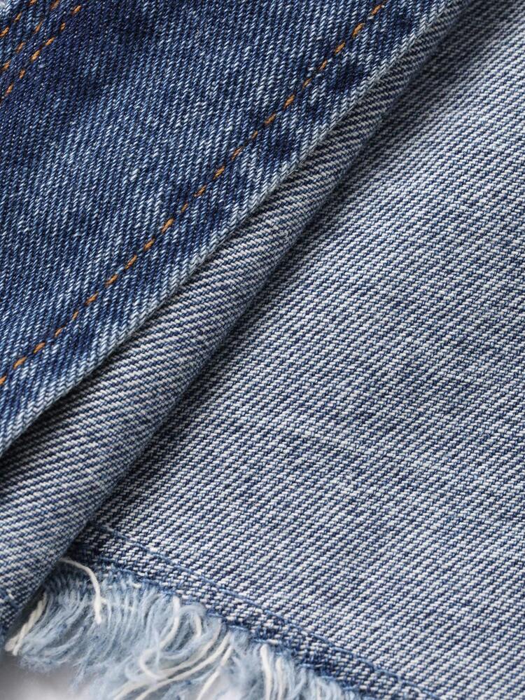 Vintage Washed Denim Jacket With Crochet Trim, Elegant Short Casual Crew Neck Split Hem Outerwear For Women, Autumn/Winter Y2k