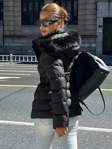 DAZY Women's Hooded Padded Coat With Fur Collar, Waist Cinched Winter Jacket - Black - View 5