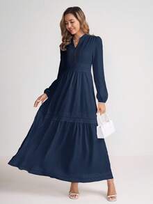 Gownix Women's Woven Jacquard Texture Spring Style Deep V-Neck Solid Color Ruffle Hem Lace Trim Summer Dress - Navy Blue - View 2