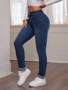 SHEIN PETITE Blugi blugi skinny cu talie înaltă, stil casual pentru femei, toamnă, iarnă, Halloween, Crăciun, Anul Nou, anii 2000, călătorii, naveta, petrecere, vacanță, stilul banilor vechi, cumpărături, banchet, eleganți, casual, minimalisti, cu mustăți de pisică, blugi albaștri, blugi skinny clasici, spălare închisă, pentru femei, pentru ținute casual de zi cu zi, la modă, versatili, cu tiv rulat, pantaloni scurți din denim elastici - Albastru - Vizualizare 4