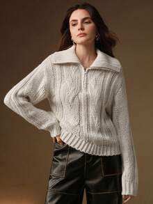 SHEIN X Jwoww Anewsta Cream White Chunky Knit Half-Zip Sweater, Suitable For Christmas, New Year, Party, Elegant, Luxury, Formal, Chic - Apricot - View 5