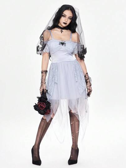 ROMWE Avant Halloween Spider Pendant Lace Tulle Puff Dress, Bridal Costume Cosplay Outfit