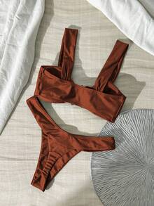 Swim Chiccia Women's Solid Color Thick Strap Metal Decor Holiday Swimwear Set - Brown - View 4