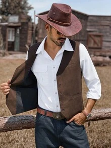 Manfinity Nomadique Men's Retro Solid Color Suede Casual Western Waistcoat, Rodeo Vintage Fleece