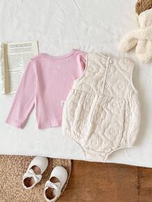 SHEIN 2件套女婴春夏新款可爱休闲乡村日常俏皮黄色格子3D彩色波点纹理面料蝴蝶结吊带宽松连体衣+发带发饰套装 - 紫色 - 查看 2