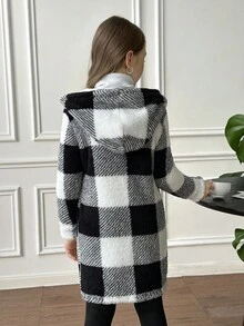 SHEIN Tween 女童双面格子和泰迪羊毛连帽拉链长款夹克，休闲时尚，适合周末出游，秋冬季 - 黑色 - 查看 8