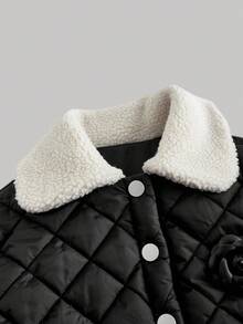 SHEIN MOD Women's Black Diamond Quilted Padded Coat, Contrast Faux Fur Collar, Winter Coat