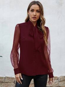 EMERY ROSE 对比色波尔卡圆点网眼系带衬衫女式衬衫 - 酒紅色 - 查看 3