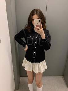 SHEIN 少女时尚休闲 Y2K 复古酷炫街头风返校学院风黑色真口袋设计牛仔翻领长袖外套，柔软舒适，适合日常穿着、秋冬季节、锐舞派对以及居家休闲。 - 黑色 - 查看 4