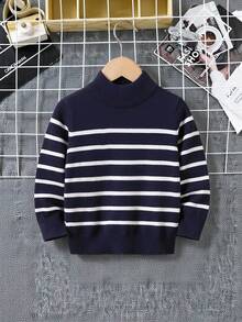 SHEIN 男童海军蓝和白色条纹高领毛衣，柔软有弹性的面料，适合春/秋/冬休闲穿着 - 藏蓝色 - 查看 5