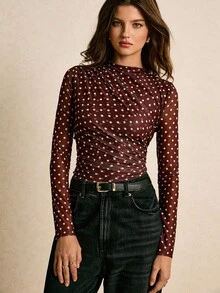 Poéselle Polka Dot Top, Ruched Long Sleeve Top , Chic Y2K Night-Out Layer, Women's Stand Collar Polka Dot Long Sleeve T-Shirt, Mesh Top, Fall Fashion, Y2k Party Top, Suitable For Daily Wear, Going Out, Commuting, Dating, Home And Other Occasions - Brown - View 4