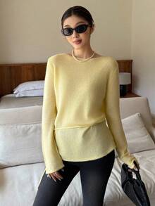 K-Vae 1 pieza Blusa de punto de unicolor, versátil y de manga larga para mujer en otoño/invierno - Amarillo - Ver 1