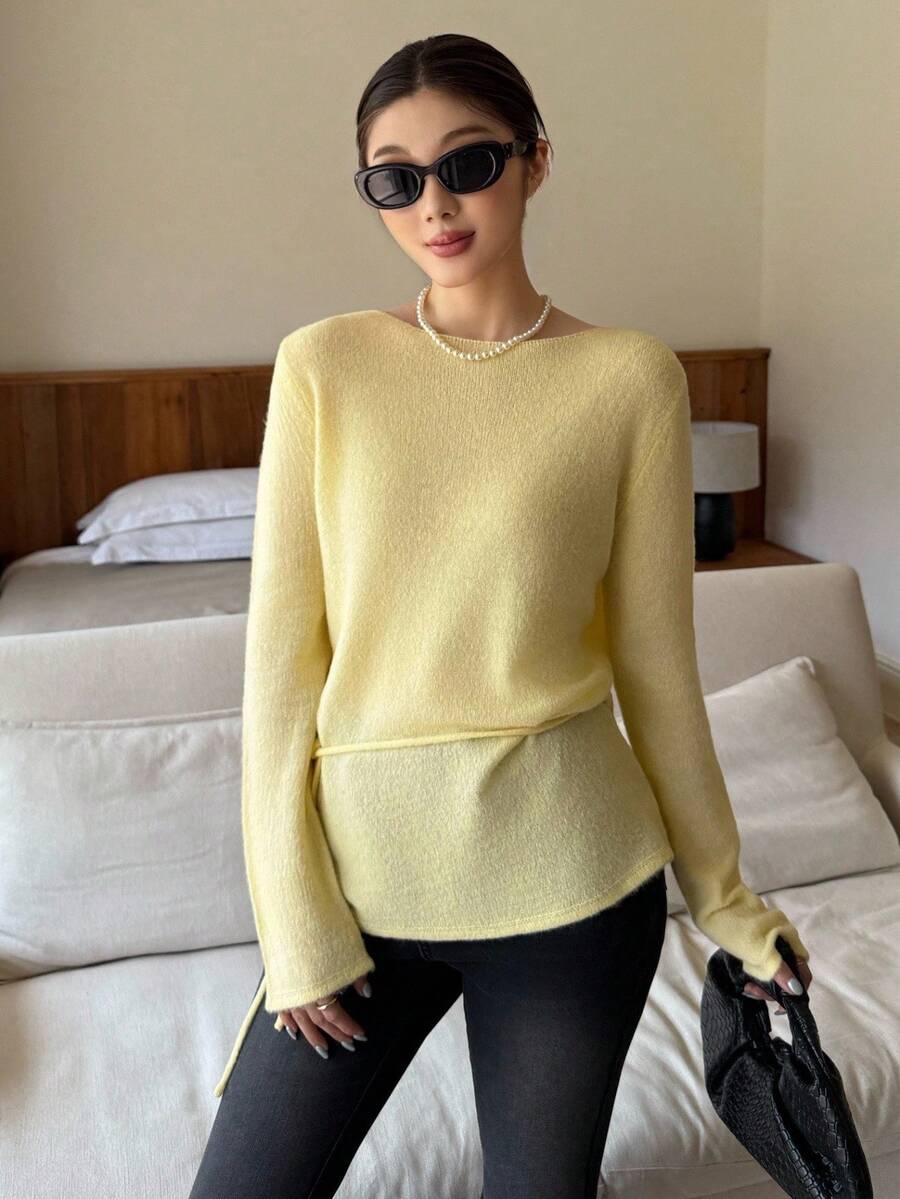 K-Vae 1 pieza Blusa de punto de unicolor, versátil y de manga larga para mujer en otoño/invierno - Amarillo - Ver 1