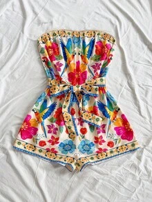 Soleia Soleia Women's Vacation Casual Elegant Tropical Floral Print Belted Strapless Jumpsuit, Suitable For Party, Evening, Sexy, Date, Beach Vacation, Summer Outfit, Holiday Date, Afternoon Tea, Seaside Beach Cruise Vacation, Urban Vacation, Boho Vacation, Music Festival, Beach Dress Can Be Worn Inside Or Outside, All Season Tropical Romper Beach Romper Vacation Romper Floral Romper