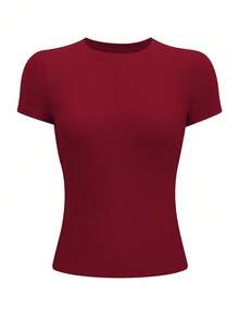 INAWLY Women's Solid Color Round Neck Short Sleeve Casual T-Shirt, Summer - Burgundy - View 3