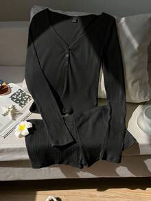 SHEIN EZwear 2 件套女士黑色休闲长袖上衣和短裤套装，夏季 - 黑色 - 查看 4