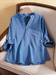 Rusticease 大码女式纯色V领卷袖衬衫，女式西装 - 藍色 - 查看 1