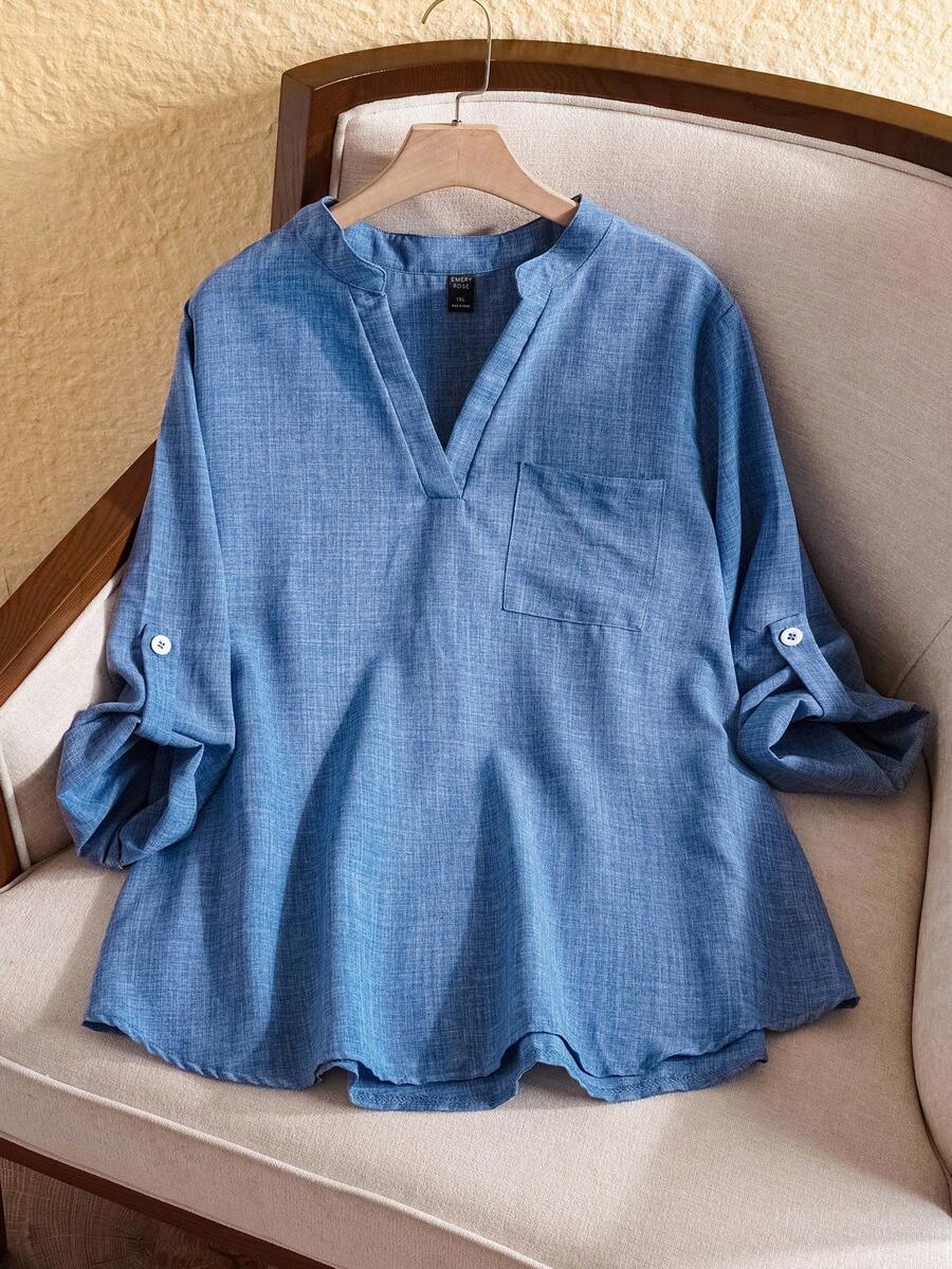 Rusticease 大码女式纯色V领卷袖衬衫，女式西装 - 藍色 - 查看 1