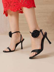 MOTF PREMIUM SATIN STEREO FLORAL DECOR HIGH HEEL SANDALS SPRING SHOES SUMMER - Black - View 7