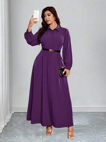 SHEIN Clasi Vestido de manga farol de unicolor elegante talla grande, adecuado para ir al trabajo - Morado - Ver 1
