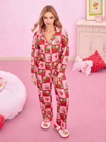 Strawberry Shortcake X SHEIN 女士草莓卡通图案长袖上衣和裤子睡衣套装，秋冬服装 - 紅色 - 查看 4