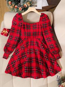 SHEIN Tween Girl Cute Red And White Plaid Dress,Autumn Elegant Puff Sleeve Square Collar Ruffle Hem Flare Dress For Christmas Party,Matching Family,Daily - Red - View 3