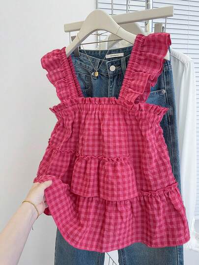 INAWLY Blusa holgada sin mangas con volantes en el bajo, para mujer talla grande, de verano