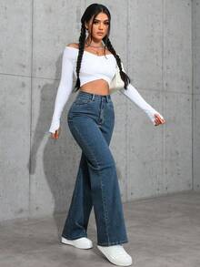 SHEIN PETITE 女式纯色简约日常牛仔裤 - 深色水洗藍 - 查看 3