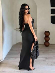 SHEIN SXY Women's Sexy Leopard Print Color Block High Slit Cami Dress, Leopard Trim Dress, Split Thigh Dress, Tight Long Dress, Black Club Dress,Sexy,Club,Party,Going Out,Black Dress,Halloween