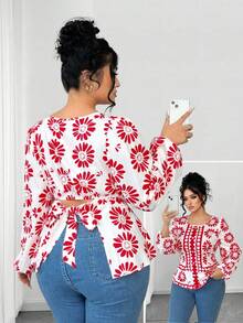 SHEIN Elenzya Áo cánh dài tay ôm sát cổ tròn in họa tiết cho nữ, áo khoác ngoài thường ngày - Nhiều màu - Xem 2