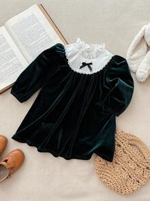 Blossori 女宝宝法式优雅荷叶边领拼色长袖天鹅绒连衣裙 - 彩色 - 查看 6