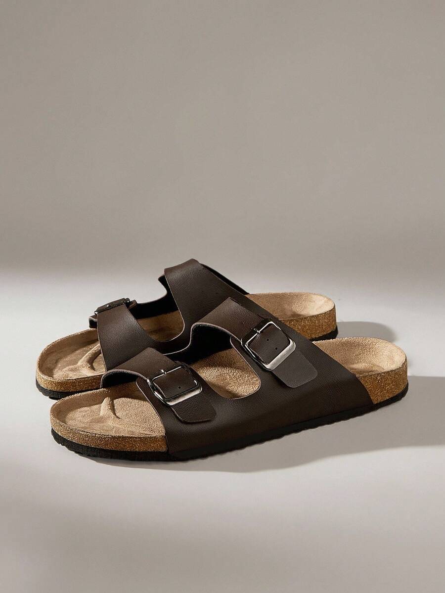 Solecia Men's Fashion Double Strap Double Buckle Casual Non-Slip Mule Slippers With Arch Support Soft Cork Sole, Comfortable Slip-On, Summer Ladies Beach Sandals, Suitable For Couples Everyday Wear And Vacation