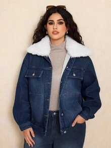 Elaquor Plus Size Denim Jacket With Thermal Lining, Fashion For Autumn/Winter - Medium Wash - View 4
