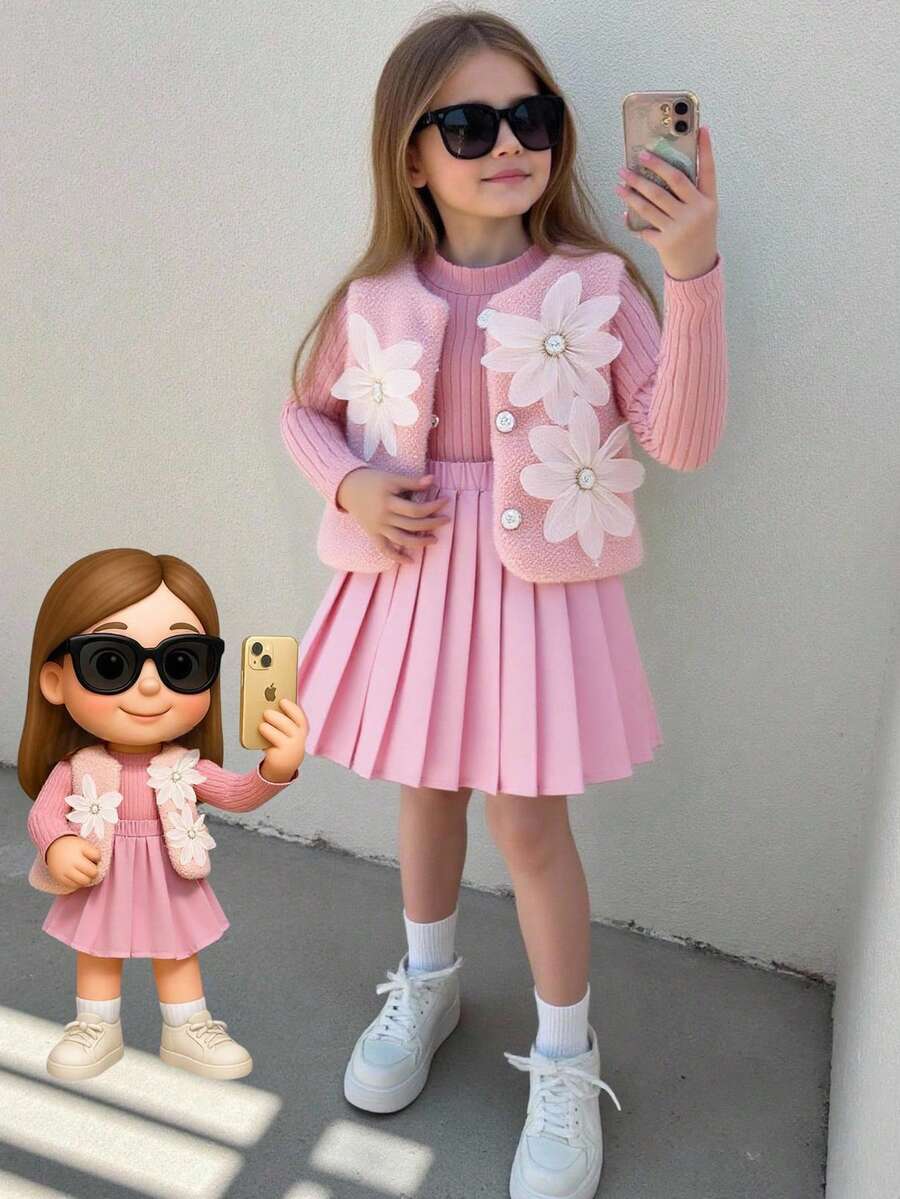 3pcs Baby Girls Pink Fluffy 3D Flower Vest Jacket, Knitted Collar Long Sleeve Top, Pleated Skirt Outfit Set, Fashionable & Cute, Autumn/Winter Girls Pink Skirt Set Baby Girl Skirt Outfit Pink Outfit For Girls Girl Outfits Set Toddler Girl Outfits Pink Skirt Set With White Flower Jacket Princess Dress Toddler Girl Uniform Skirt Outfit With Jacket Baby Girl Fall  Princess  Halloween/Christmas Party Sets For  Vacation  Autumn And Winter