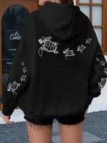 SHEIN EZwear 休闲简约海龟图案印花黑色连帽卫衣，适合秋冬季 - 彩色 - 查看 4