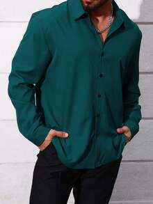 Manfinity Homme Plus Size Men's Casual Solid Color Long Sleeve Loose Fit Shirt, Spring/Autumn, For Fall - Dark Green - View 3