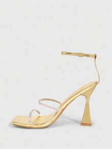 CUCCOO SZL 金色金属 PU 带水钻装饰粗高跟黄色方头凉鞋 - 金色 - 查看 8